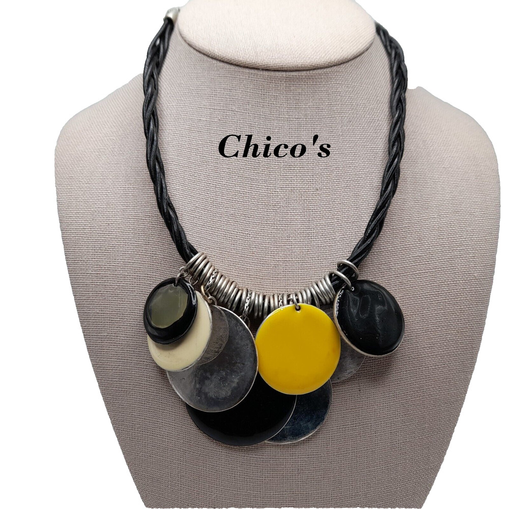 Chico's Twisted Leather Enamel Disk Necklace, New With Tags, 19"